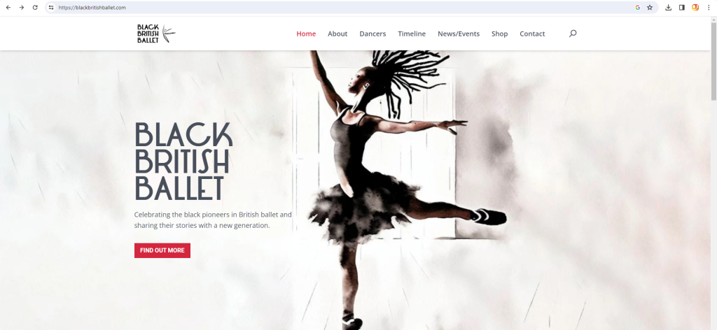 Home page of the new black british ballet website featuring an illustration of a black female dancer.